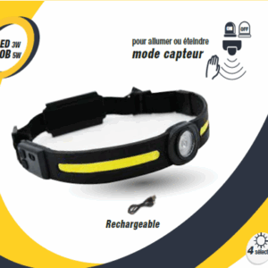 Lampe frontale LED rechargeable 3W – 370 lumens, capteur intelligent, COB + LED